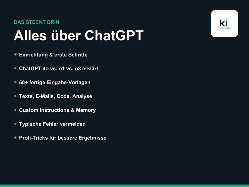 Pu&ograve; includere: Un grafico informativo blu scuro intitolato Alles &uuml;ber ChatGPT con un logo bianco nell'angolo. Elenca argomenti tra cui configurazione, confronti tra modelli, 50+ prompt, analisi di testo e codice, istruzioni personalizzate e consigli.
