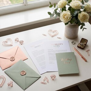 Pu&ograve; includere: Accessori e cancelleria per matrimoni su una superficie bianca. Include fermagli a forma di cuore e diamante in oro rosa, buste, un taccuino con "Wedding Vows" e promesse stampate. Con penna e scatola per anelli.