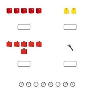 Op de afbeelding: Educatief werkblad met de Duitse tekst "Z&auml;hl mit der Feuerwehr" (Tellen met de brandweer). De afbeelding bevat illustraties van rode koffers, gele vesten, een moersleutel en klokken, ontworpen voor teloefeningen.