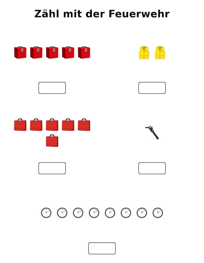 Op de afbeelding: Educatief werkblad met de Duitse tekst "Z&auml;hl mit der Feuerwehr" (Tellen met de brandweer). De afbeelding bevat illustraties van rode koffers, gele vesten, een moersleutel en klokken, ontworpen voor teloefeningen.
