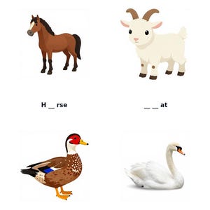 Peut inclure: Une fiche p&eacute;dagogique intitul&eacute;e Identify the picture and complete their names pr&eacute;sentant des illustrations d'un cheval brun, d'une ch&egrave;vre blanche, d'un canard tachet&eacute; et d'un cygne blanc avec des textes &agrave; trous pour chaque animal.