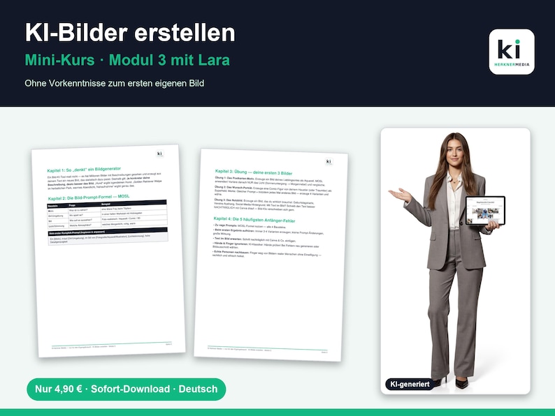 May include: A digital course guide titled KI-Bilder erstellen, featuring two white pages with black text and a green header. The pages outline modules for AI image generation. A separate image shows a person in a grey suit holding a tablet.