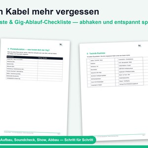K&ouml;nnte beinhalten: Zwei wei&szlig;e Papierb&ouml;gen mit schwarzem Text und Tabellen zur Veranstaltungsplanung. Der Text oben lautet 'Kein Kabel mehr vergessen' und 'Packliste & Gig-Ablauf-Checkliste'. Die Dokumente enthalten Abschnitte mit den Titeln '4 - Preiskalkulation' und '5 - Technik-Packliste' mit Spalten f&uuml;r Punkte und Notizen.