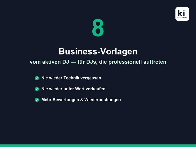 K&ouml;nnte beinhalten: Eine dunkelblaue digitale Grafik mit der gr&uuml;nen Zahl 8, dem Text Business-Vorlagen vom aktiven DJ &mdash; f&uuml;r DJs, die professionell auftreten, und drei Aufz&auml;hlungspunkten mit gr&uuml;nen H&auml;kchen, die Vorteile f&uuml;r professionelle DJs auflisten.