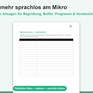 May include: A white document titled Musikw&uuml;nsche &mdash; Sammelblatt with a table for guest music requests. The header text reads Nie mehr sprachlos am Mikro and Fertige Ansagen f&uuml;r Begr&uuml;&szlig;ung, Buffet, Programm & Verabschiedung. A green button at the bottom says Platzhalter f&uuml;llen &mdash; ablesen &mdash; souver&auml;n wirken.
