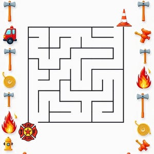 Peut inclure: Un labyrinthe carr&eacute; avec un trac&eacute; noir sur fond blanc, entour&eacute; d'une bordure d'ic&ocirc;nes sur le th&egrave;me des pompiers, incluant des camions rouges, des bouches d'incendie jaunes, des flammes orange, des haches argent&eacute;es et un c&ocirc;ne de signalisation.