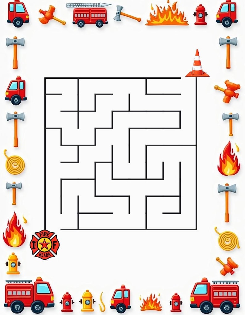 Peut inclure: Un labyrinthe carr&eacute; avec un trac&eacute; noir sur fond blanc, entour&eacute; d'une bordure d'ic&ocirc;nes sur le th&egrave;me des pompiers, incluant des camions rouges, des bouches d'incendie jaunes, des flammes orange, des haches argent&eacute;es et un c&ocirc;ne de signalisation.