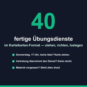 May include: A dark blue graphic featuring the large green number 40, followed by the text 'fertige &Uuml;bungsdienste im Karteikarten-Format &mdash; ziehen, richten, loslegen' and three bullet points with green checkmarks detailing service instructions.