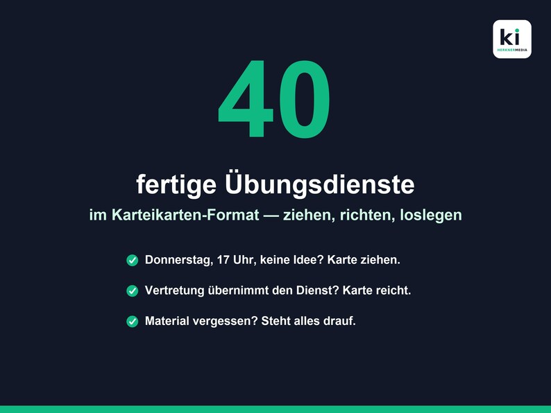May include: A dark blue graphic featuring the large green number 40, followed by the text 'fertige &Uuml;bungsdienste im Karteikarten-Format &mdash; ziehen, richten, loslegen' and three bullet points with green checkmarks detailing service instructions.