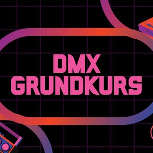 May include: A retro-style graphic with the text "DMX GRUNDKURS" in pink, set against a black grid background. The design includes orange and purple accents, with images of a DJ mixer and a boombox.