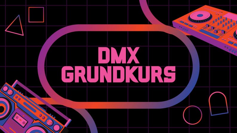 May include: A retro-style graphic with the text "DMX GRUNDKURS" in pink, set against a black grid background. The design includes orange and purple accents, with images of a DJ mixer and a boombox.