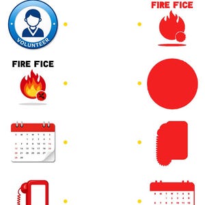 May include: A matching activity worksheet titled Find the correct shadow. It features a volunteer icon, a fire icon labeled FIRE FICE, a calendar, and a telephone on the left, with corresponding red silhouettes on the right for matching.