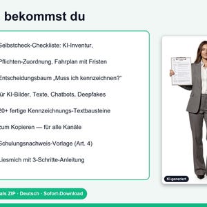 Puede incluir: Una hoja de informaci&oacute;n digital titulada Das bekommst du, que enumera una lista de verificaci&oacute;n, asignaci&oacute;n de tareas, &aacute;rbol de decisiones para contenido de IA, m&oacute;dulos de texto, plantillas de capacitaci&oacute;n e instrucciones, junto a una imagen.