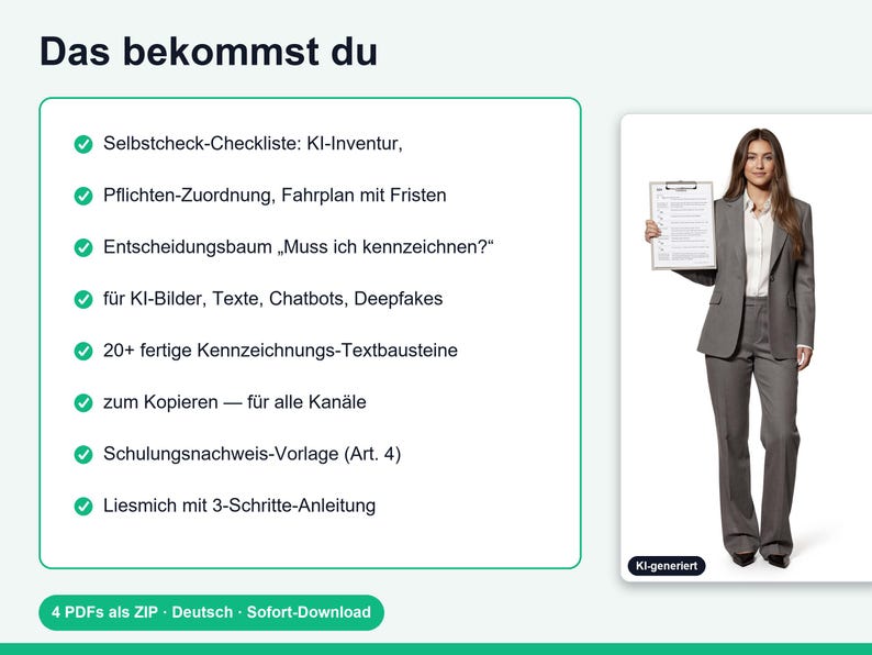 Puede incluir: Una hoja de informaci&oacute;n digital titulada Das bekommst du, que enumera una lista de verificaci&oacute;n, asignaci&oacute;n de tareas, &aacute;rbol de decisiones para contenido de IA, m&oacute;dulos de texto, plantillas de capacitaci&oacute;n e instrucciones, junto a una imagen.