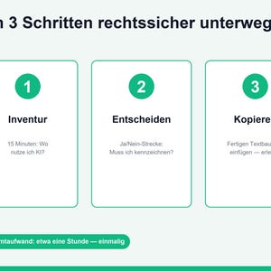Puede incluir: Una infograf&iacute;a blanca titulada In 3 Schritten rechtssicher unterwegs con tres c&iacute;rculos verdes numerados 1, 2 y 3. Cada secci&oacute;n contiene texto: Inventur, Entscheiden y Kopieren con subtexto. Una barra verde en la parte inferior dice Gesamtaufwand: etwa eine Stunde &mdash; einmalig.