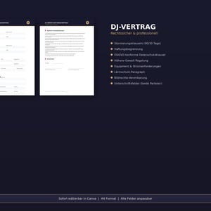 Op de afbeelding: Een donkerblauwe afbeelding met twee witte documentpagina's en tekst. De tekst luidt "DJ-VERTRAG" en geeft contractdetails weer. De onderkant van de afbeelding zegt "Direct bewerkbaar in Canva | A4-formaat | Alle velden aanpasbaar."