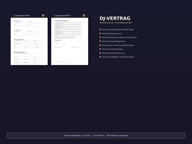 Op de afbeelding: Een donkerblauwe afbeelding met twee witte documentpagina's en tekst. De tekst luidt "DJ-VERTRAG" en geeft contractdetails weer. De onderkant van de afbeelding zegt "Direct bewerkbaar in Canva | A4-formaat | Alle velden aanpasbaar."