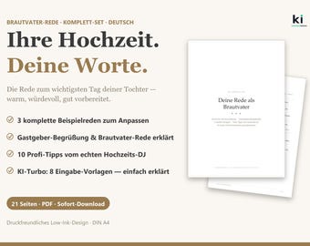Modello per il discorso del padre della sposa in tedesco | Set PDF completo con 3 esempi di discorsi, consigli professionali dal DJ del matrimonio e moduli di testo | Download immediato