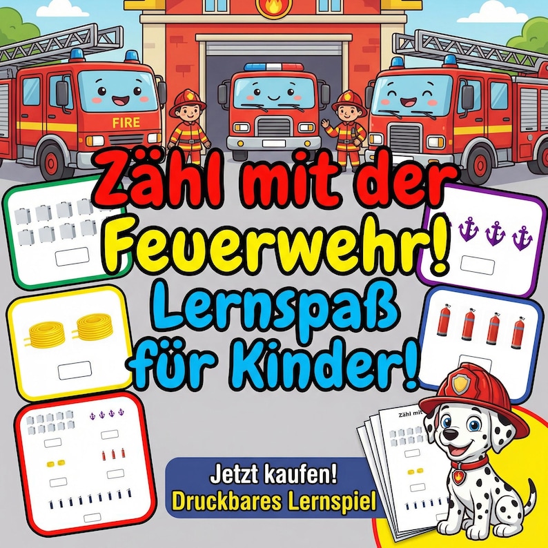 Op de afbeelding: Een kleurrijke educatieve print met een brandweerkazerne, brandweerwagens en brandweerlieden. De afbeelding bevat teloefeningen met verschillende objecten en de tekst "Zahl mit der Feuerwehr! Lernspa&szlig; f&uuml;r Kinder!" en "Jetzt kaufen! Druckbares Lernspiel."