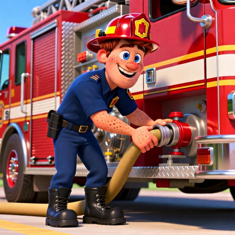 May include: A cartoon-style firefighter with freckles wears a red helmet and a dark blue uniform while connecting a tan fire hose to a large red fire engine. The vehicle features white and yellow horizontal stripes and metallic silver accents.