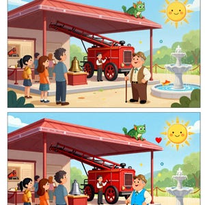 May include: A colorful illustration with the text "Kannst du die 5 Fehler im unteren Bild finden?" shows two scenes. The top scene has a red fire truck, a bell, and people. The bottom scene has a red fire truck, a bell, and people.