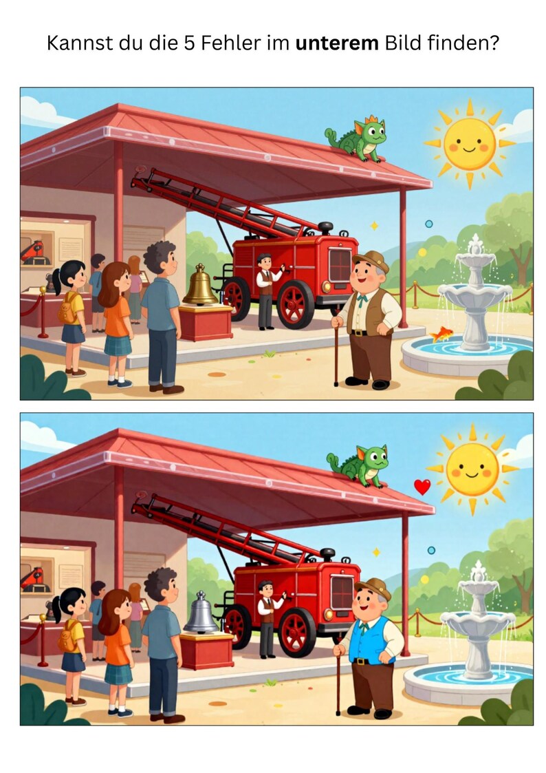 May include: A colorful illustration with the text "Kannst du die 5 Fehler im unteren Bild finden?" shows two scenes. The top scene has a red fire truck, a bell, and people. The bottom scene has a red fire truck, a bell, and people.