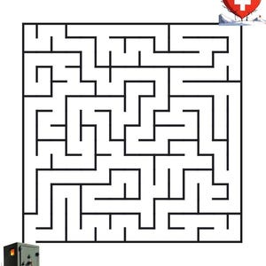 Peut inclure: Un labyrinthe carr&eacute; en noir et blanc avec un c&oelig;ur rouge orn&eacute; d'une croix blanche dans le coin sup&eacute;rieur droit et un coffre-fort gris en m&eacute;tal avec un int&eacute;rieur orange brillant visible dans le coin inf&eacute;rieur gauche de l'image.