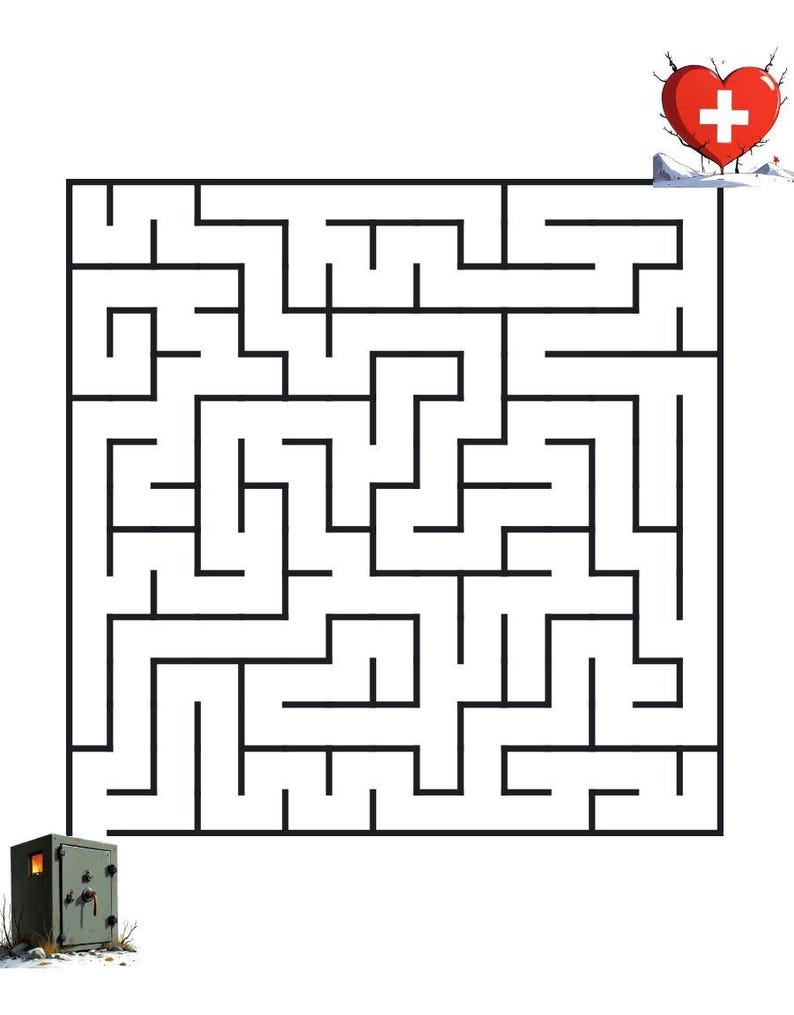 Peut inclure: Un labyrinthe carr&eacute; en noir et blanc avec un c&oelig;ur rouge orn&eacute; d'une croix blanche dans le coin sup&eacute;rieur droit et un coffre-fort gris en m&eacute;tal avec un int&eacute;rieur orange brillant visible dans le coin inf&eacute;rieur gauche de l'image.