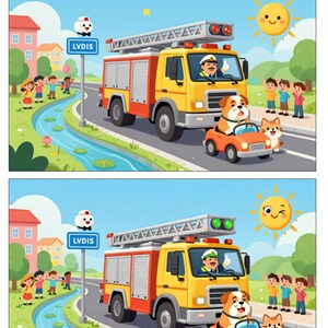 May include: A children's illustration featuring a yellow fire truck with a red ladder, a dog driving an orange car, and a cat. The image includes a sign that says "LVDIS" and the text "Kannst du die 5 Fehler im unterem Bild finden?"