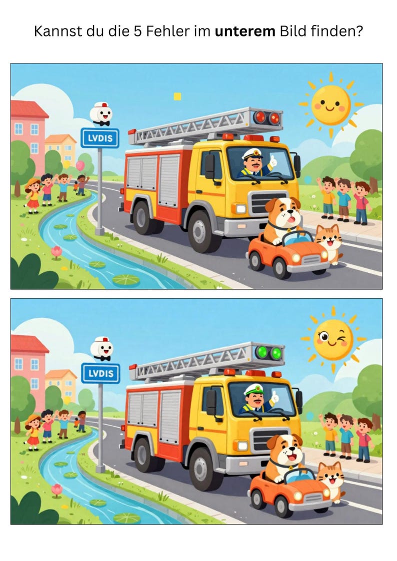 May include: A children's illustration featuring a yellow fire truck with a red ladder, a dog driving an orange car, and a cat. The image includes a sign that says "LVDIS" and the text "Kannst du die 5 Fehler im unterem Bild finden?"