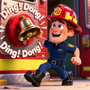 May include: A cartoon firefighter in a blue uniform and red helmet rings a gold bell mounted on a red wall. The text "Ding! Dong!" appears in white letters around the bell. The firefighter has freckles, blue eyes, and a wide, happy smile.