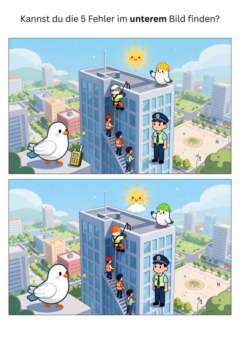 May include: A cartoon illustration of a city scene with a building and characters. The text at the top says, "Can you find the 5 mistakes in the image below?" The image features a firefighter, police officer, and children.