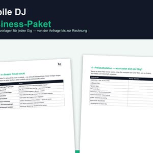 K&ouml;nnte beinhalten: Ein digitales Dokument mit dem Titel Mobile DJ Business-Paket, bestehend aus wei&szlig;en Seiten mit schwarzem Text und gr&uuml;nen &Uuml;berschriften. Der Inhalt umfasst Tabellen und Listen zur Veranstaltungsplanung und Kalkulation.