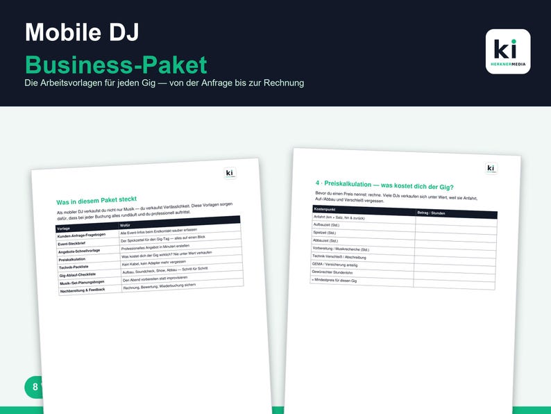 K&ouml;nnte beinhalten: Ein digitales Dokument mit dem Titel Mobile DJ Business-Paket, bestehend aus wei&szlig;en Seiten mit schwarzem Text und gr&uuml;nen &Uuml;berschriften. Der Inhalt umfasst Tabellen und Listen zur Veranstaltungsplanung und Kalkulation.