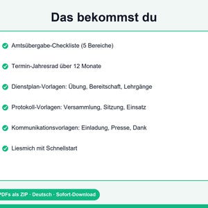 May include: A digital document list titled Das bekommst du featuring six bullet points: Amts&uuml;bergabe-Checkliste, Termin-Jahresrad, Dienstplan-Vorlagen, Protokoll-Vorlagen, Kommunikationsvorlagen, and Liesmich mit Schnellstart, with a ki logo.