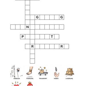 K&ouml;nnte beinhalten: Ein Kreuzwortr&auml;tselgitter mit schwarzen Umrandungen auf wei&szlig;em Hintergrund. Das Gitter enth&auml;lt vertikale und horizontale leere K&auml;stchen f&uuml;r Buchstaben, wobei einige Buchstaben wie H, B, G, N, P, T und R bereits eingetragen sind. Darunter befinden sich sieben kleine Illustrationen.
