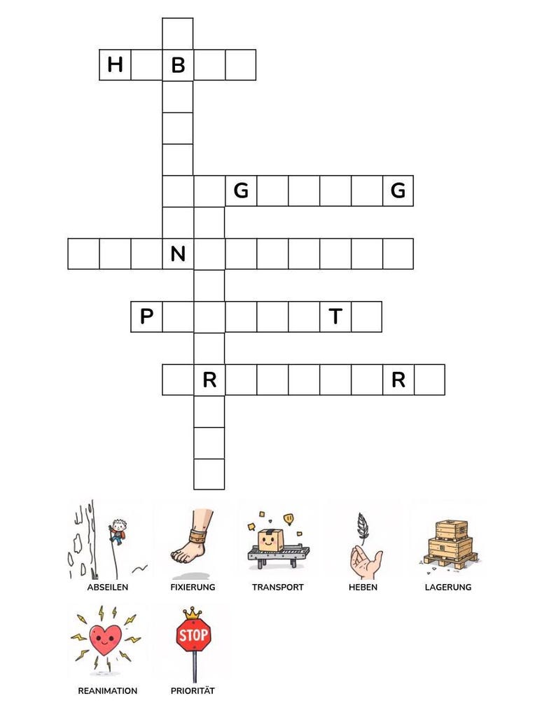 K&ouml;nnte beinhalten: Ein Kreuzwortr&auml;tselgitter mit schwarzen Umrandungen auf wei&szlig;em Hintergrund. Das Gitter enth&auml;lt vertikale und horizontale leere K&auml;stchen f&uuml;r Buchstaben, wobei einige Buchstaben wie H, B, G, N, P, T und R bereits eingetragen sind. Darunter befinden sich sieben kleine Illustrationen.