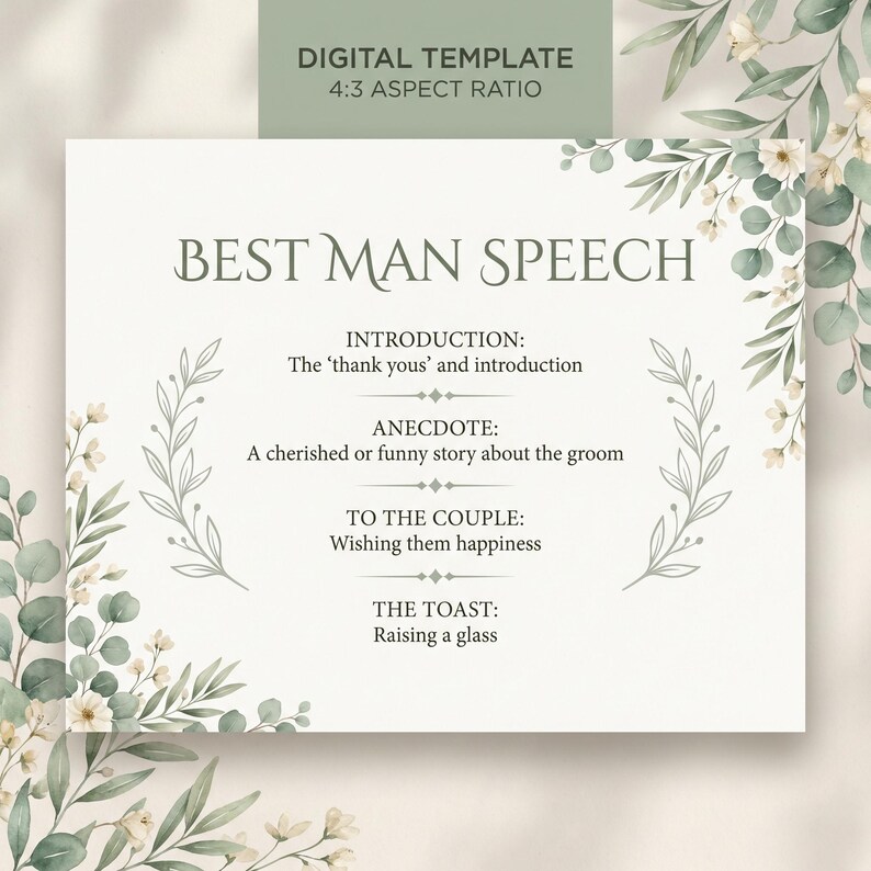 Pu&ograve; includere: Un modello digitale per un discorso del testimone, con un rapporto di aspetto 4:3. Il design include sezioni per l'introduzione, l'aneddoto, gli auguri agli sposi e il brindisi. Elementi floreali decorano il testo su sfondo bianco.