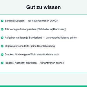 May include: A white informational graphic with the heading Gut zu wissen and the logo ki. It lists six bullet points in German regarding document templates for fire departments, including notes on customisation, legal compliance, and printing.