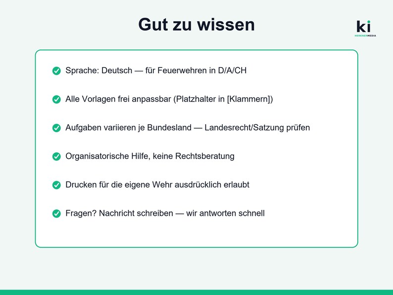 May include: A white informational graphic with the heading Gut zu wissen and the logo ki. It lists six bullet points in German regarding document templates for fire departments, including notes on customisation, legal compliance, and printing.