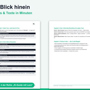 Op de afbeelding: Een instructiedocument van twee pagina's getiteld Ein Blick hinein E-Mails & Texte in Minuten. De inhoud schetst een workflow van vier stappen en zes kantoorsjablonen voor e-mails en teksten, met groene koppen en zwarte tekst op wit papier.