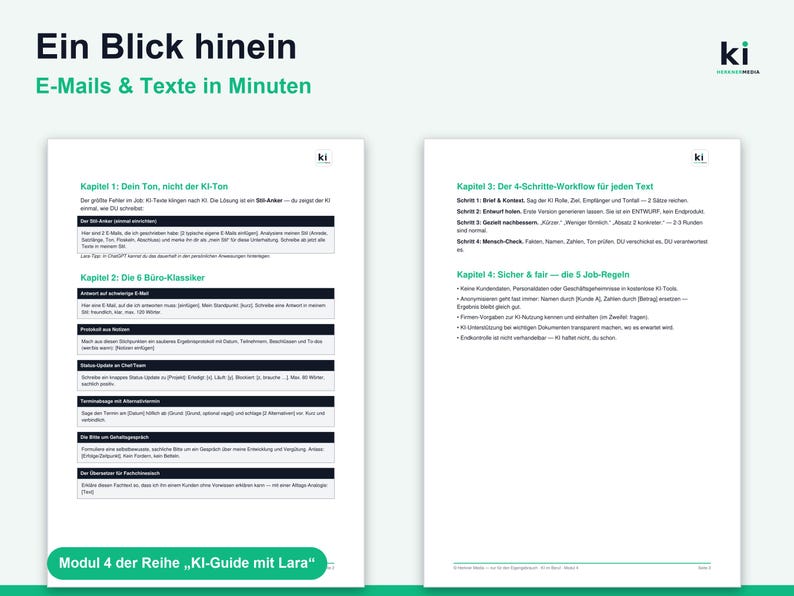 Op de afbeelding: Een instructiedocument van twee pagina's getiteld Ein Blick hinein E-Mails & Texte in Minuten. De inhoud schetst een workflow van vier stappen en zes kantoorsjablonen voor e-mails en teksten, met groene koppen en zwarte tekst op wit papier.