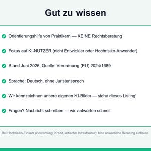 Puede incluir: Un gr&aacute;fico informativo titulado Gut zu wissen con una lista de seis puntos en alem&aacute;n sobre el uso de IA, avisos legales e informaci&oacute;n de contacto. El texto incluye referencias al reglamento de la UE 2024/1689 y un logotipo en la esquina.