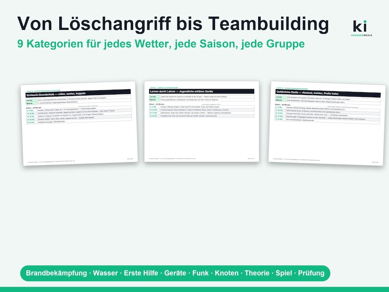 May include: A white informational graphic titled Von L&ouml;schangriff bis Teambuilding with the subtitle 9 Kategorien f&uuml;r jedes Wetter, jede Saison, jede Gruppe. It displays three white rectangular cards with black headers and text lists.