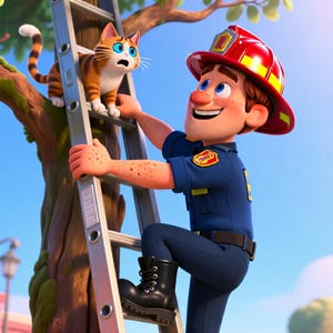 May include: A cartoon firefighter in a blue uniform and red helmet climbing a silver metal ladder against a tree to reach a startled orange tabby cat with blue eyes. The firefighter has a smiling expression and is wearing black boots.