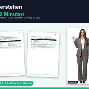 May include: An educational document titled KI verstehen in 30 Minuten featuring two white pages with black text and tables, alongside a photograph of a person in a grey suit waving, with the logo ki HERZWERKMEDIA in the top right corner.