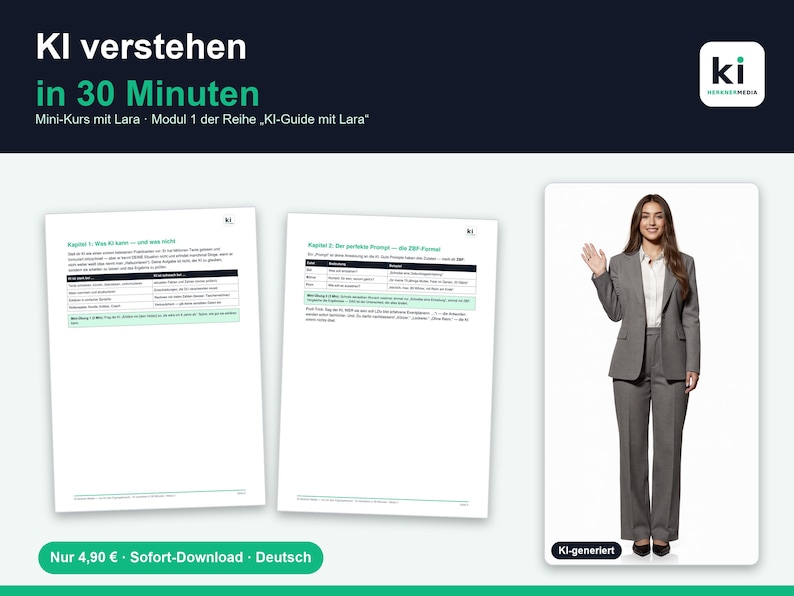 May include: An educational document titled KI verstehen in 30 Minuten featuring two white pages with black text and tables, alongside a photograph of a person in a grey suit waving, with the logo ki HERZWERKMEDIA in the top right corner.