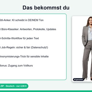 Op de afbeelding: Een infographic met de titel Das bekommst du met een lijst van zes opsommingstekens in het Duits, waaronder Stil-Anker, 6 B&uuml;ro-Klassiker, 4-Schritte-Workflow, 5 Job-Regeln, Anonymisierungs-Trick en Bonus. Naast de tekst staat een foto van een professional in een grijs pak.