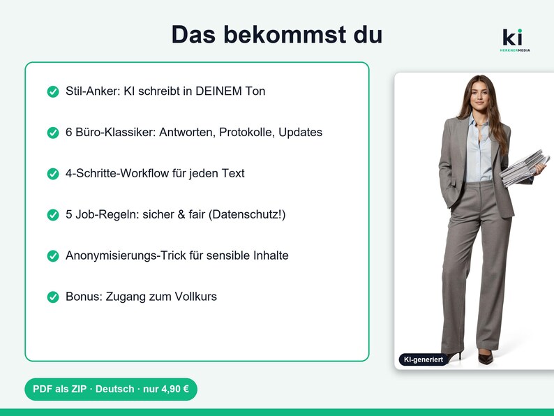 Op de afbeelding: Een infographic met de titel Das bekommst du met een lijst van zes opsommingstekens in het Duits, waaronder Stil-Anker, 6 B&uuml;ro-Klassiker, 4-Schritte-Workflow, 5 Job-Regeln, Anonymisierungs-Trick en Bonus. Naast de tekst staat een foto van een professional in een grijs pak.