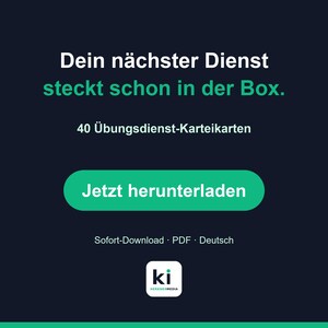 May include: A dark blue digital graphic featuring the white and green text: Dein n&auml;chster Dienst steckt schon in der Box. 40 &Uuml;bungsdienst-Karteikarten. A green button with the white text: Jetzt herunterladen. Below is the text: Sofort-Download PDF Deutsch and a small white logo with the text ki.